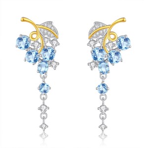 925 Sterling Silver Natural Crystal Leaf Tassel Stud Earring 40100003