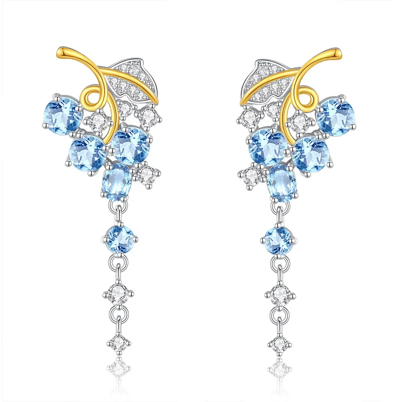 925 Sterling Silver Natural Crystal Leaf Tassel Stud Earring 40100003