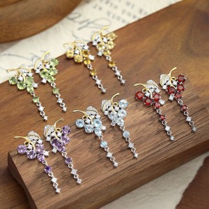 925 Sterling Silver Natural Crystal Leaf Tassel Stud Earring 40100003