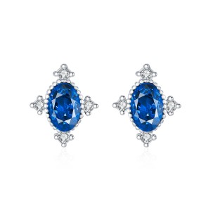 S925 Vintage Oval Blue Zirconia Stud Earring 40200532