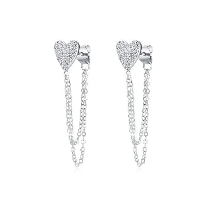 S925 Zirconia Heart Tassel Stud Earring 40200534