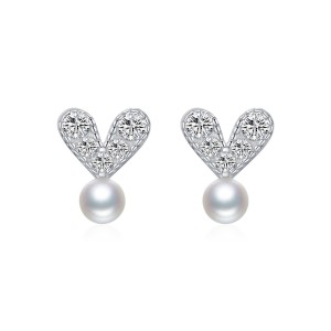 925 Sterling Silver Zirconia Heart Pearl Stud Earring 40200540