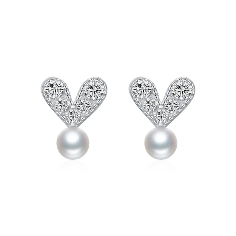 925 Sterling Silver Zirconia Heart Pearl Stud Earring 40200540