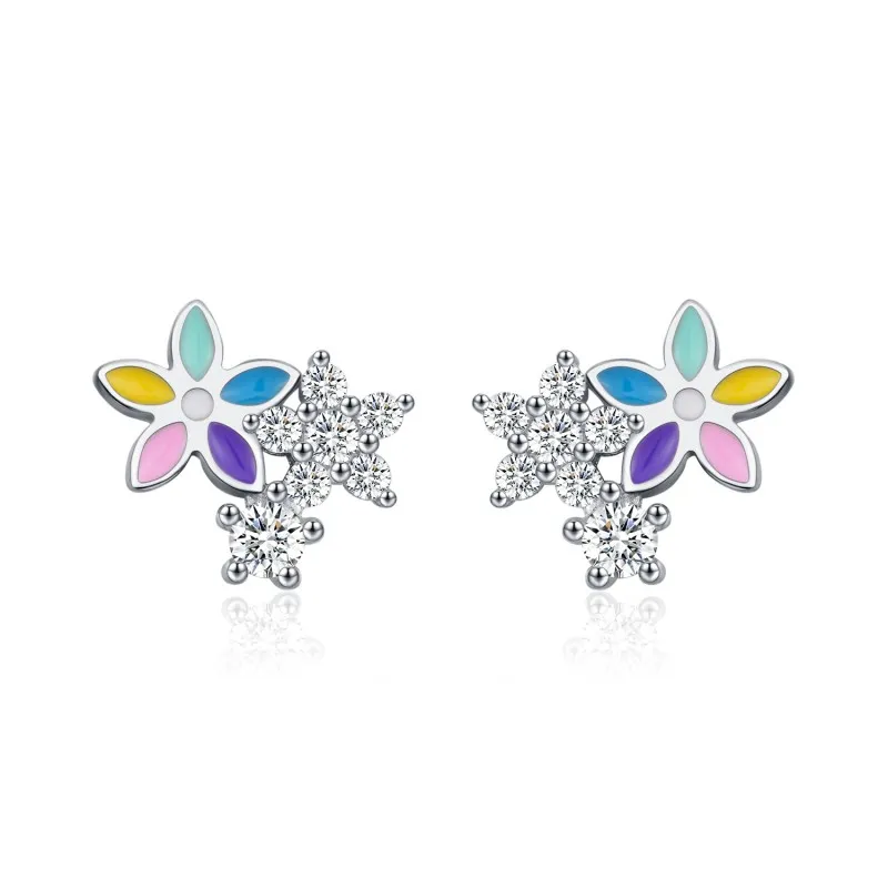 925 Sterling Silver Colorful Zirconia Flower Stud Earring 40200542
