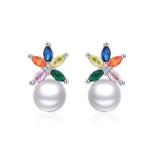925 Sterling Silver Colorful Zirconia Flower Pearl Stud Earring 40200545