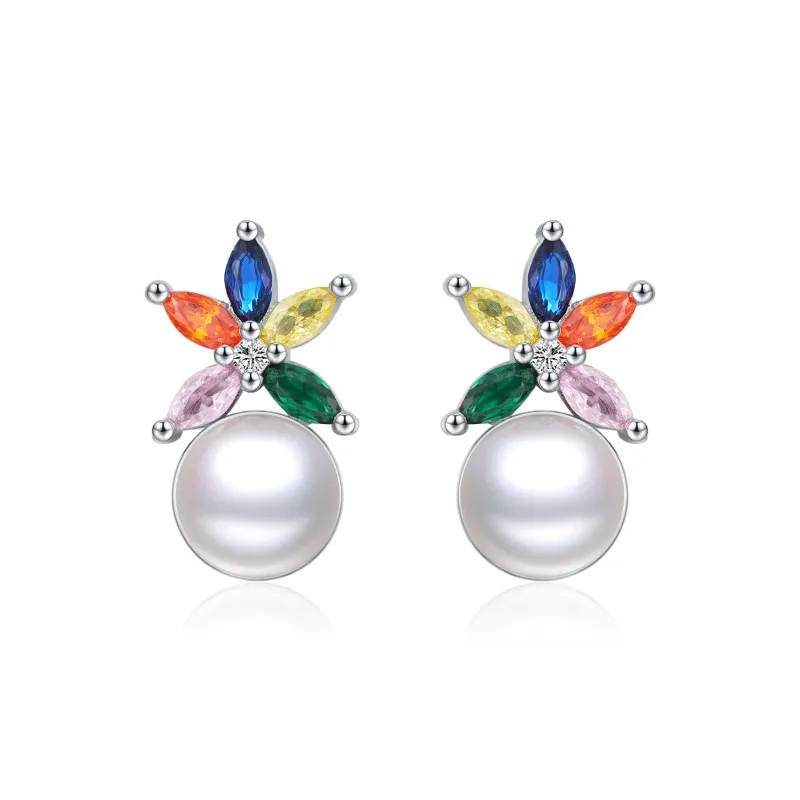 925 Sterling Silver Colorful Zirconia Flower Pearl Stud Earring 40200545