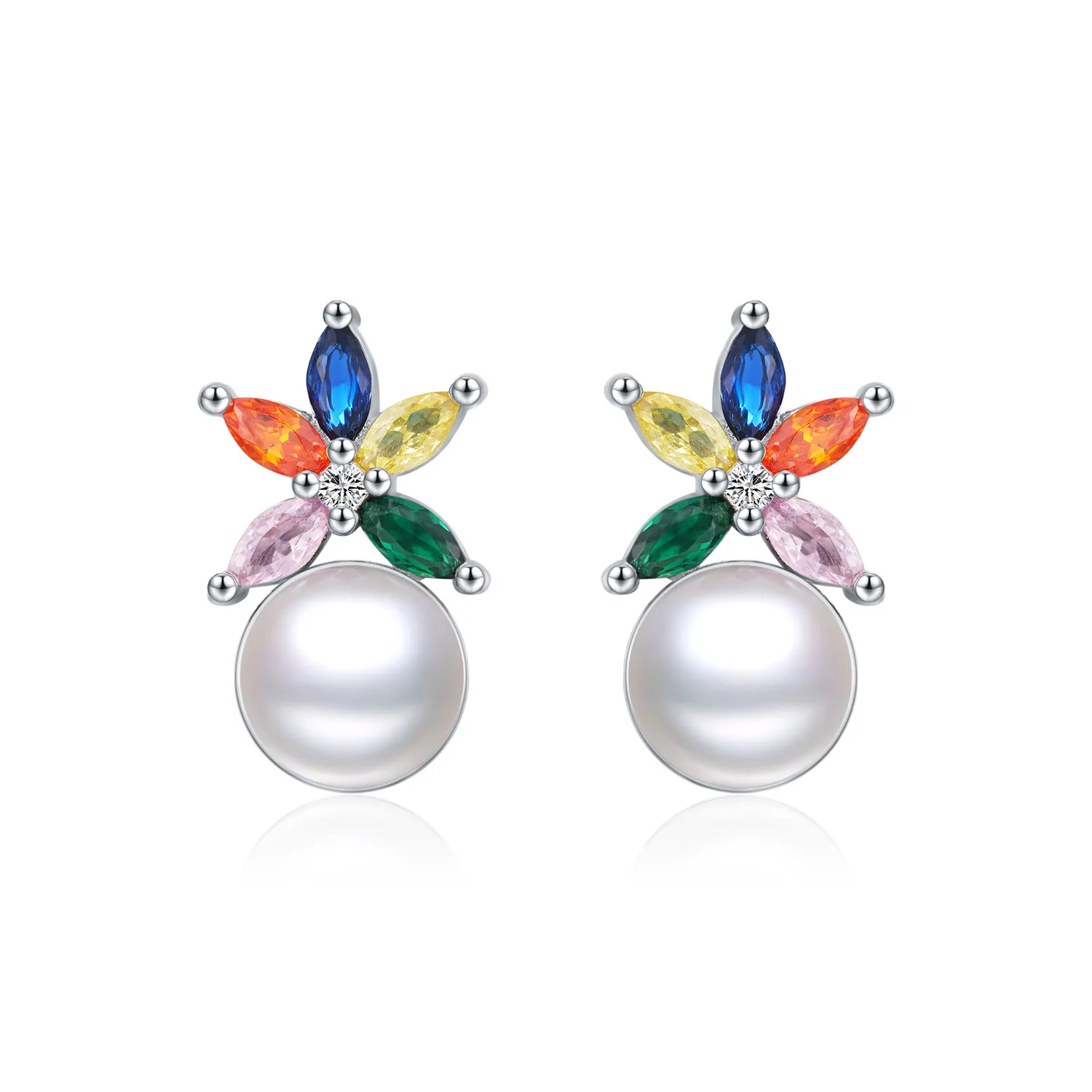 925 Sterling Silver Colorful Zirconia Flower Pearl Stud Earring 40200545