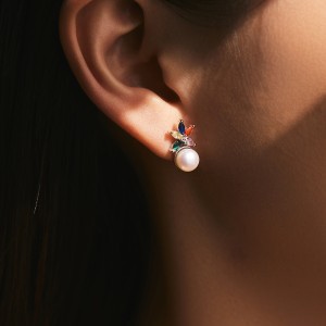 925 Sterling Silver Colorful Zirconia Flower Pearl Stud Earring 40200545