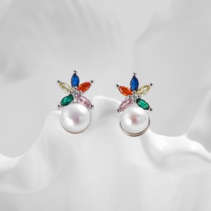 925 Sterling Silver Colorful Zirconia Flower Pearl Stud Earring 40200545