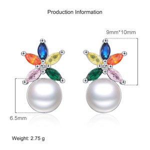 925 Sterling Silver Colorful Zirconia Flower Pearl Stud Earring 40200545
