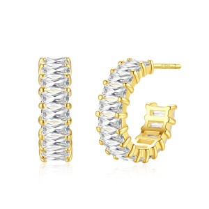 925 Sterling Silver Rectangle Zirconia Stud Hoop Earring 40200550