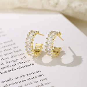 925 Sterling Silver Rectangle Zirconia Stud Hoop Earring 40200550