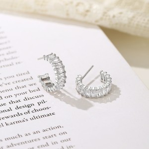 925 Sterling Silver Rectangle Zirconia Stud Hoop Earring 40200550