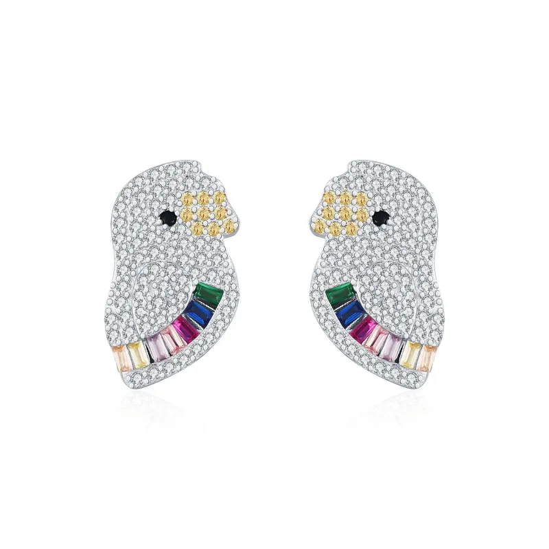925 Sterling Silver Colorful Zircon Parrot Stud Earrings 40200557