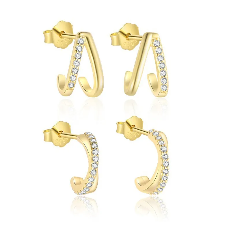 925 Sterling Silver Gold-Plated C-Shaped Zircon Earring 40200562