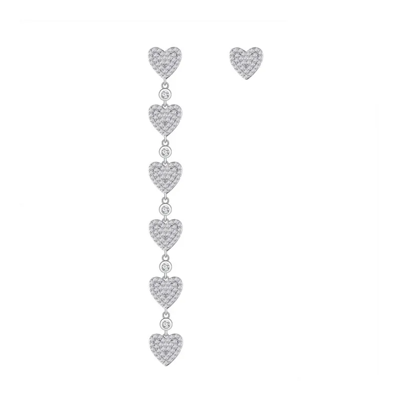 925 Sterling Silver Asymmetric Heart Tassel Stud Earring 40200565