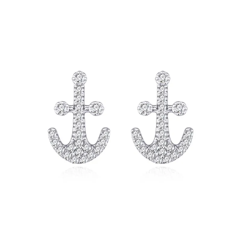 925 Sterling Silver Nautical Anchor Zircon Stud Earring 40200566
