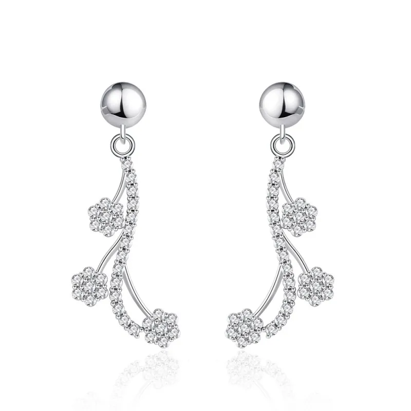 925 Sterling Silver Flower Tassel Zircon Stud Earring 40200570