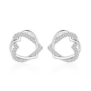 925 Sterling Silver Crossed Heart Zircon Stud Earring 40200577