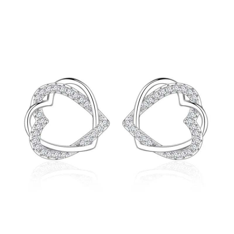 925 Sterling Silver Crossed Heart Zircon Stud Earring 40200577