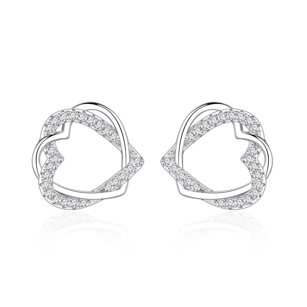 925 Sterling Silver Crossed Heart Zircon Stud Earring 40200577