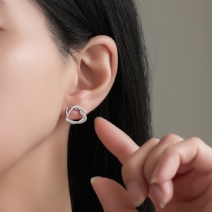 925 Sterling Silver Crossed Heart Zircon Stud Earring 40200577