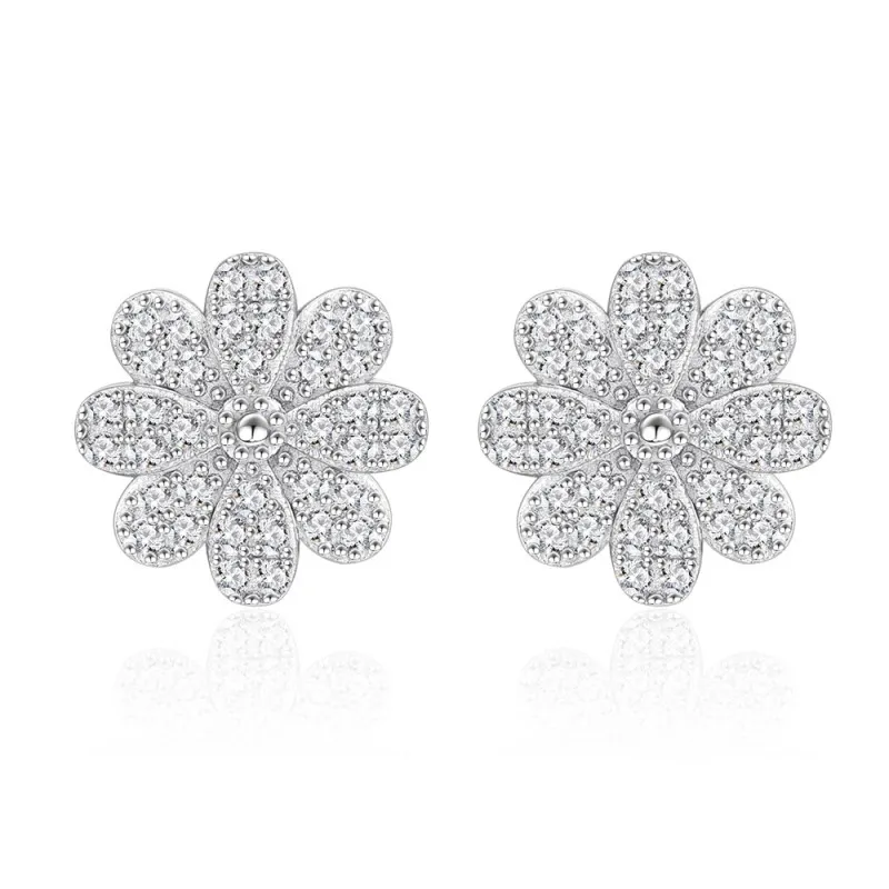 925 Sterling Silver Daisy Pave CZ Floral Stud Earring 40200585