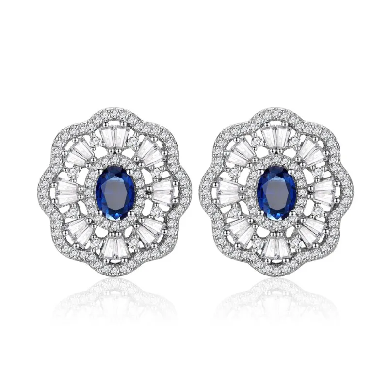 925 Sterling Silver Sapphire Flower Stud Earring 40200594