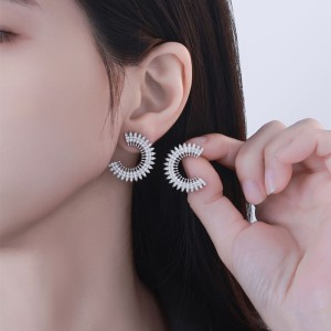 925 Sterling Silver Full Zircon Sunburst Stud Earring 40200596