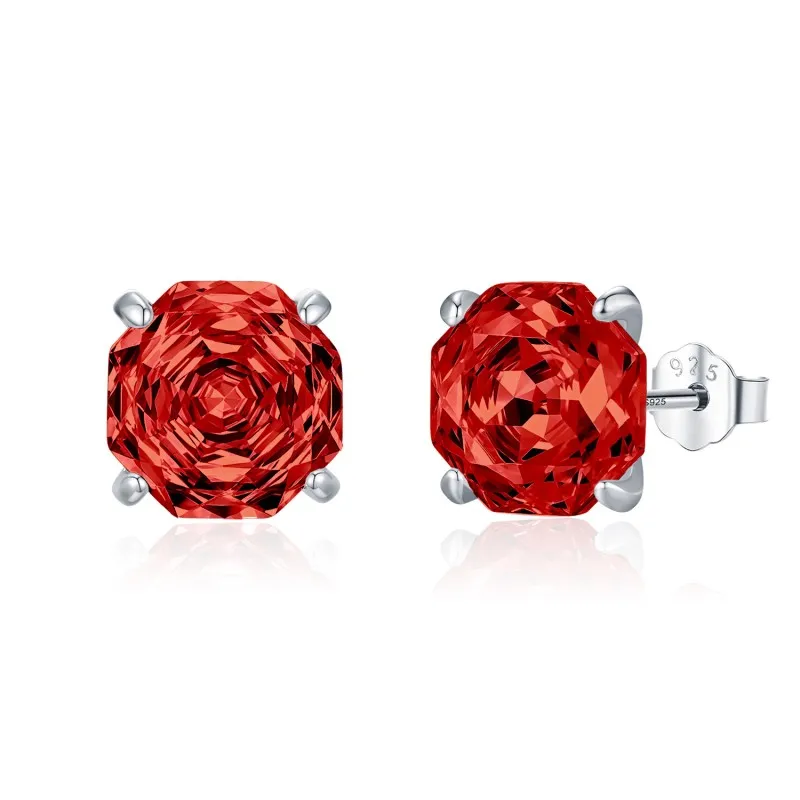 925 Sterling Silver Red Octagon Rose Cut Stud Earring 40200611