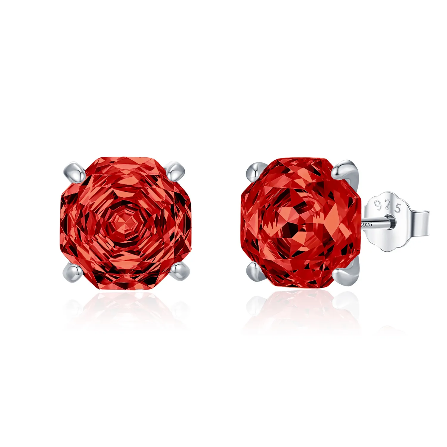 925 Sterling Silver Red Octagon Rose Cut Stud Earring 40200611