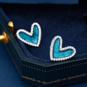 925 Sterling Silver Enamel Glitter Heart Stud Earring 40200621