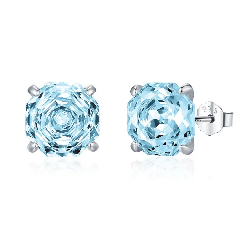 925 Sterling Silver Light Aquamarine Octagon Rose Cut Stud Earring 40200625