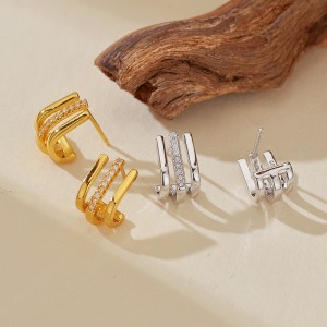 925 Sterling Silver Triple-Layer Pave CZ J-Shaped Huggie Stud Earring 40200629 925 Sterling Silver Triple-Layer Pave CZ J-Shaped Huggie Stud Earring 40200629