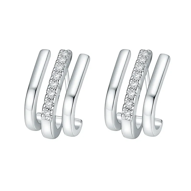 925 Sterling Silver Triple-Layer Pave CZ J-Shaped Huggie Stud Earring 40200629 925 Sterling Silver Triple-Layer Pave CZ J-Shaped Huggie Stud Earring 40200629