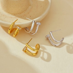 925 Sterling Silver Double-Layer Pin CZ Geometric Stud 40200633