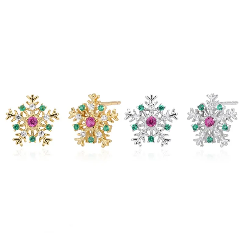 925 Sterling Silver Red Green Pave CZ Snowflake Stud Earring 40200636