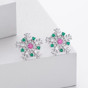 925 Sterling Silver Red Green Pave CZ Snowflake Stud Earring 40200636