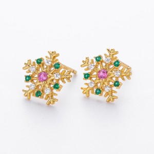 925 Sterling Silver Red Green Pave CZ Snowflake Stud Earring 40200636