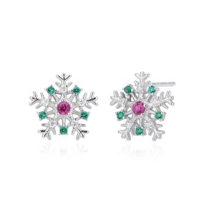 925 Sterling Silver Red Green Pave CZ Snowflake Stud Earring 40200636