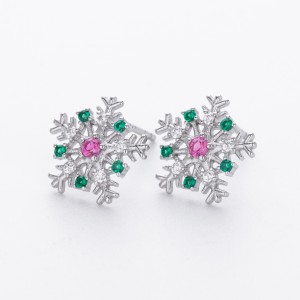 925 Sterling Silver Red Green Pave CZ Snowflake Stud Earring 40200636