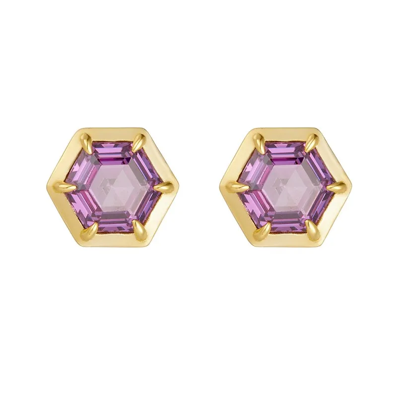 925 Sterling Silver Hexagonal Purple CZ Stud Earrings 40200639