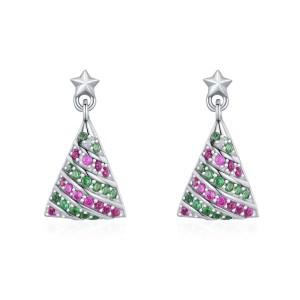 925 Sterling Silver Colorful Zircon Christmas Tree Stud Earring 40200645