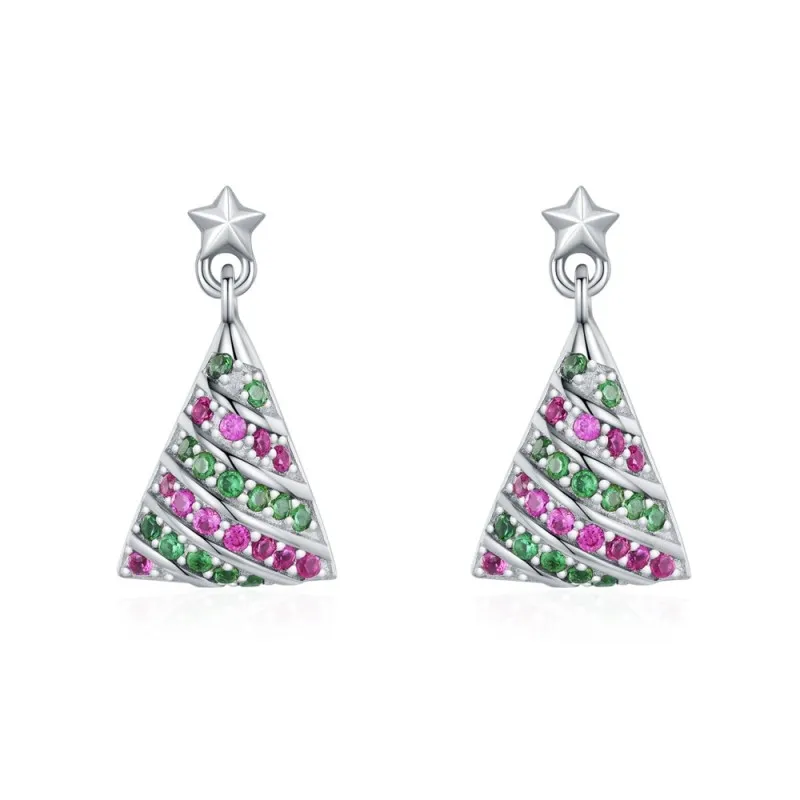 925 Sterling Silver Colorful Zircon Christmas Tree Stud Earring 40200645