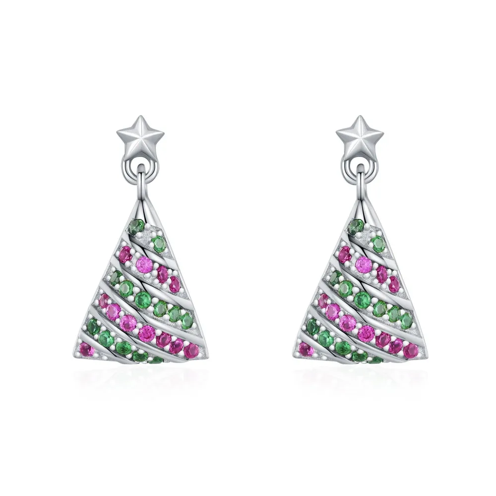 925 Sterling Silver Colorful Zircon Christmas Tree Stud Earring 40200645