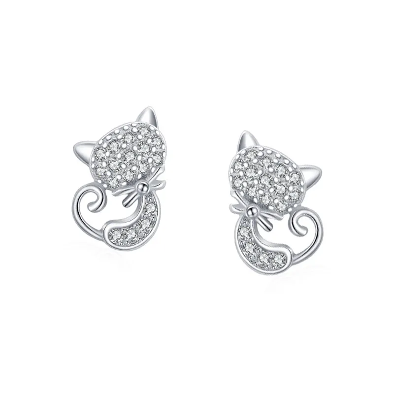 925 Sterling Silver Zircon Cat Stud Earring 40200654