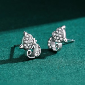 925 Sterling Silver Zircon Cat Stud Earring 40200654