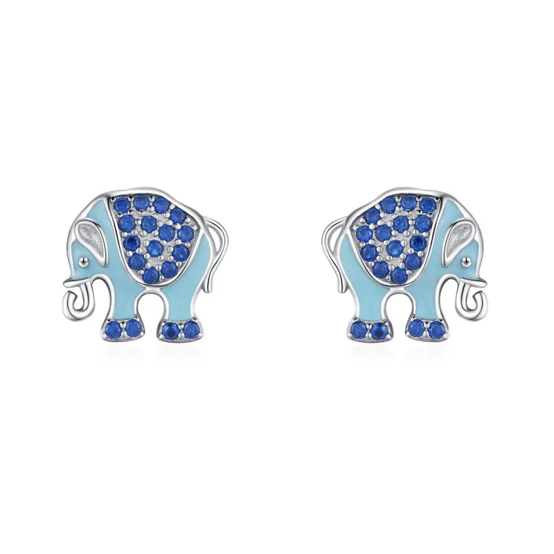 925 Sterling Silver Blue Enamel Elephant Stud Earring 40200662