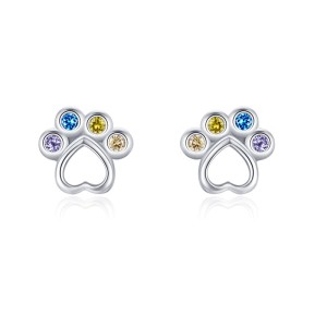 925 Sterling Silver Rainbow Paw Print Zircon Stud Earring 40200665