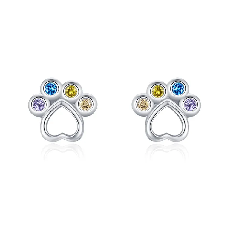 925 Sterling Silver Rainbow Paw Print Zircon Stud Earring 40200665
